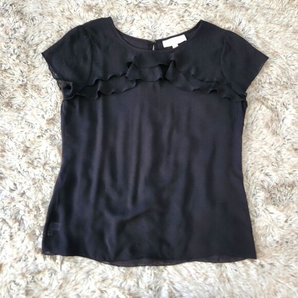 LOFT Tops - Ann Taylor LOFT Short Sleeve Sheer Blouse Ruffle at Bust Women's Size Medium